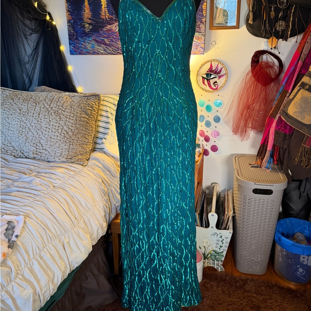 Vintage Lawrence Kazan Turquoise Beaded Silk Maxi Gown Small Prom